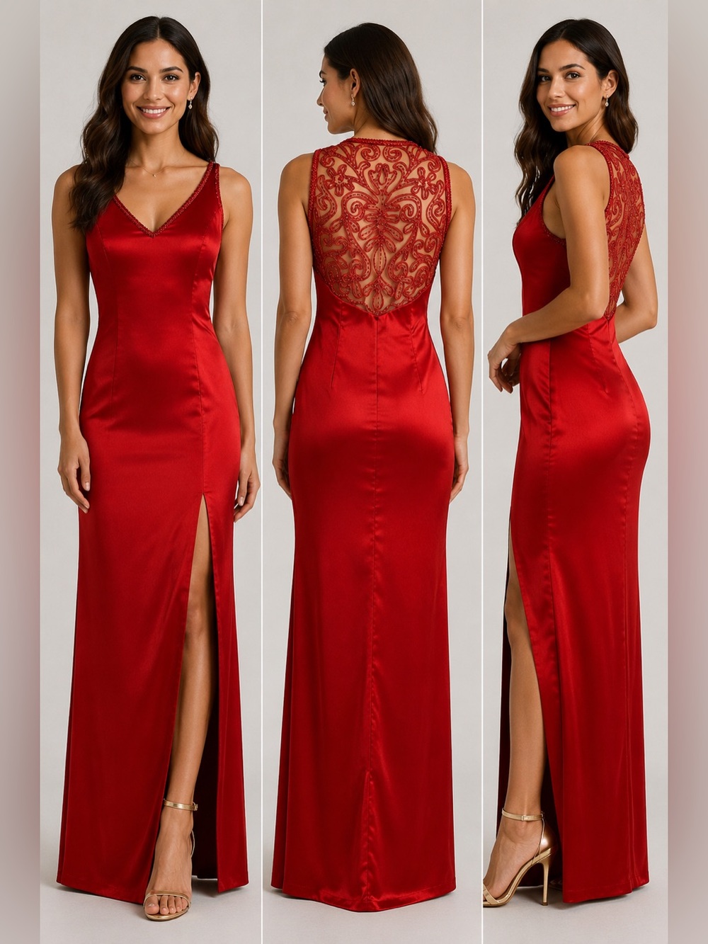 Vintage Nadine Red Beaded Illusion Back Satin Formal Prom Gown Dress Size 9